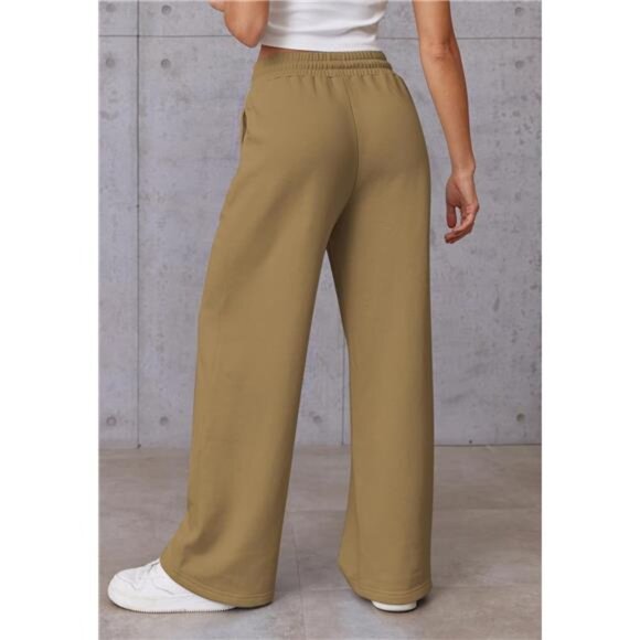 Womens Wide Leg Sweatpants High Waisted Khaki - Picture 4 of 6